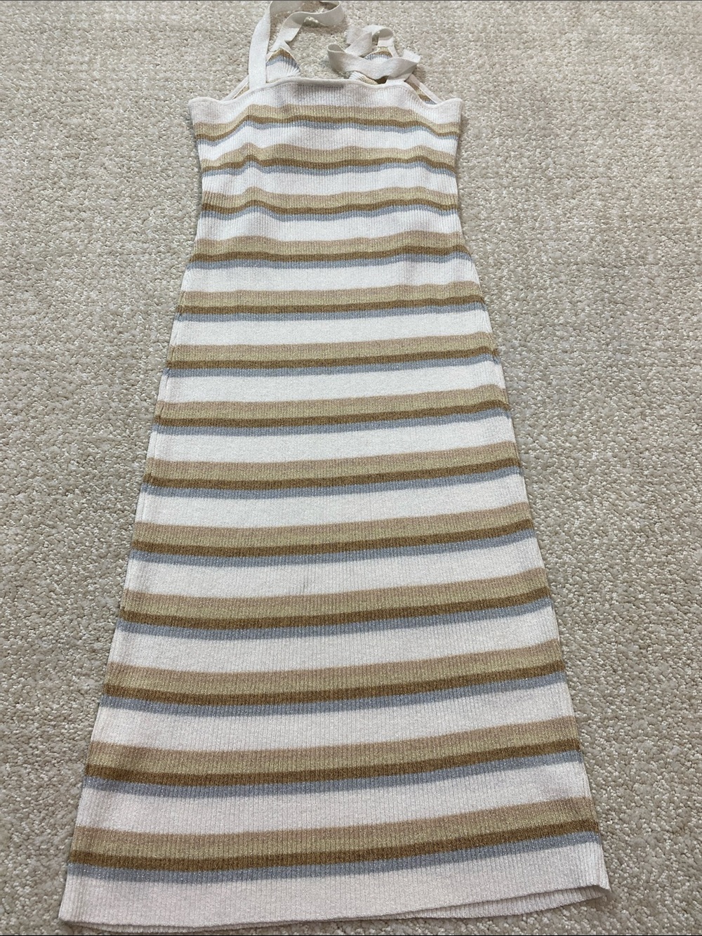 Vici Beige and White Striped Twist Cutout Midi Dress Stretch Size L 79% Viscose - Picture 16 of 16